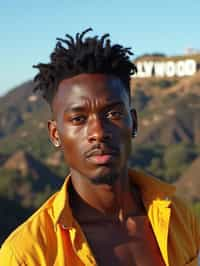 man in Los Angeles with the Hollywood sign in the background