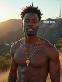 man in Los Angeles with the Hollywood sign in the background