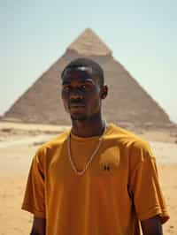 man in Cairo with the Pyramids of Giza in the background