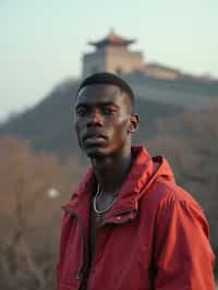 man in Beijing with the Great Wall in the background