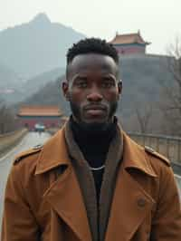 man in Beijing with the Great Wall in the background