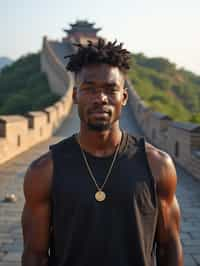 man in Beijing with the Great Wall in the background