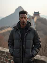 man in Beijing with the Great Wall in the background