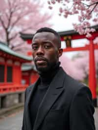 man in Japan with Japanese Cherry Blossom Trees and Japanese temples in background