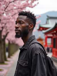 man in Japan with Japanese Cherry Blossom Trees and Japanese temples in background