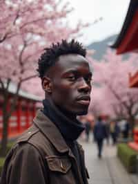 man in Japan with Japanese Cherry Blossom Trees and Japanese temples in background