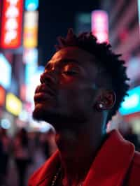 man in Tokyo at night with neon lights