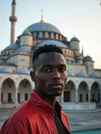 man in Istanbul with The Mosque in background