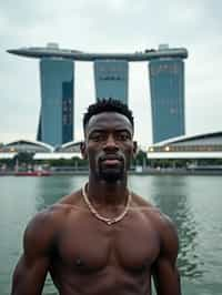 man in Singapore with Marina Bay Sands in background