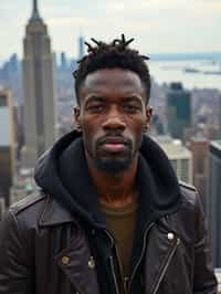 man in New York City with Manhattan in background