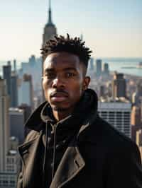 man in New York City with Manhattan in background