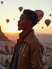 Breathtakingly man with hot air balloons in the background in cappadocia, Türkiye. Cappadocia, Turkey