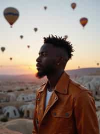 Breathtakingly man with hot air balloons in the background in cappadocia, Türkiye. Cappadocia, Turkey