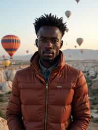 Breathtakingly man with hot air balloons in the background in cappadocia, Türkiye. Cappadocia, Turkey