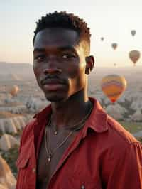 Breathtakingly man with hot air balloons in the background in cappadocia, Türkiye. Cappadocia, Turkey