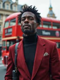 man in London with Double Decker Bus in background