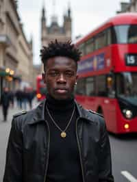 man in London with Double Decker Bus in background