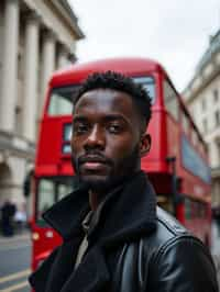 man in London with Double Decker Bus in background