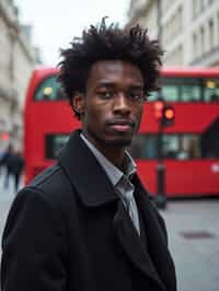 man in London with Double Decker Bus in background