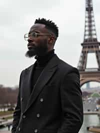 man in Paris with the Eiffel Tower in background