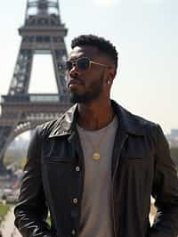 man in Paris with the Eiffel Tower in background