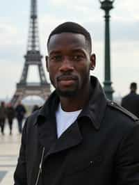 man in Paris with the Eiffel Tower in background