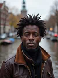 man in Amsterdam with the Amsterdam Canals in background