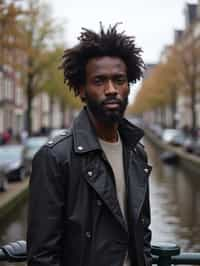 man in Amsterdam with the Amsterdam Canals in background