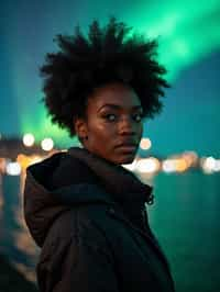 woman in Reykjavik with the Northern Lights in the background