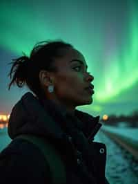 woman in Reykjavik with the Northern Lights in the background