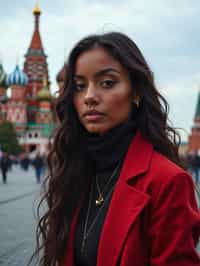 woman in Moscow with the Kremlin in the background