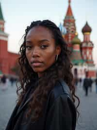 woman in Moscow with the Kremlin in the background