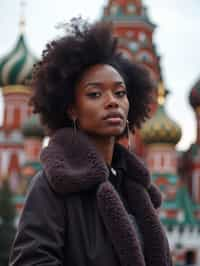 woman in Moscow with the Kremlin in the background