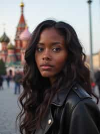 woman in Moscow with the Kremlin in the background