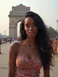 woman in Delhi with the India Gate in the background