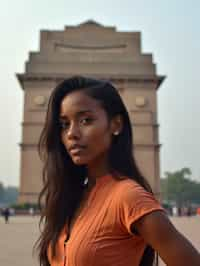 woman in Delhi with the India Gate in the background