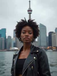 woman in Toronto with the CN Tower in the background