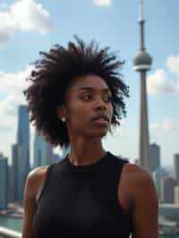 woman in Toronto with the CN Tower in the background