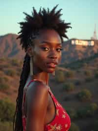 woman in Los Angeles with the Hollywood sign in the background