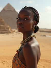 woman in Cairo with the Pyramids of Giza in the background