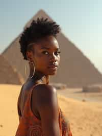 woman in Cairo with the Pyramids of Giza in the background