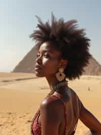 woman in Cairo with the Pyramids of Giza in the background