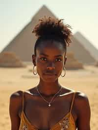 woman in Cairo with the Pyramids of Giza in the background