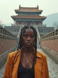 woman in Beijing with the Great Wall in the background