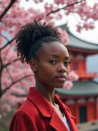 woman in Japan with Japanese Cherry Blossom Trees and Japanese temples in background