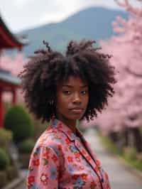 woman in Japan with Japanese Cherry Blossom Trees and Japanese temples in background