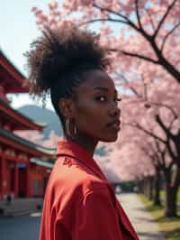 woman in Japan with Japanese Cherry Blossom Trees and Japanese temples in background