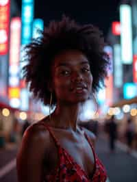 woman in Tokyo at night with neon lights