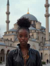 woman in Istanbul with The Mosque in background