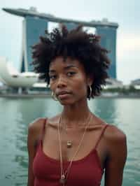 woman in Singapore with Marina Bay Sands in background